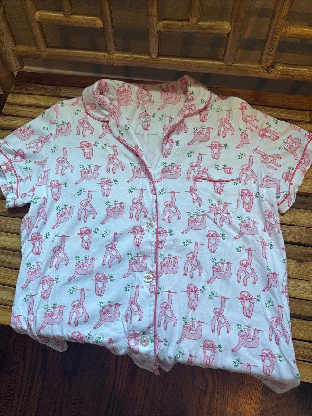 💗 Roller Rabbit Top Only Pink Sloth Pajama Shirt - Soft Short Sleeve Polo Collar
